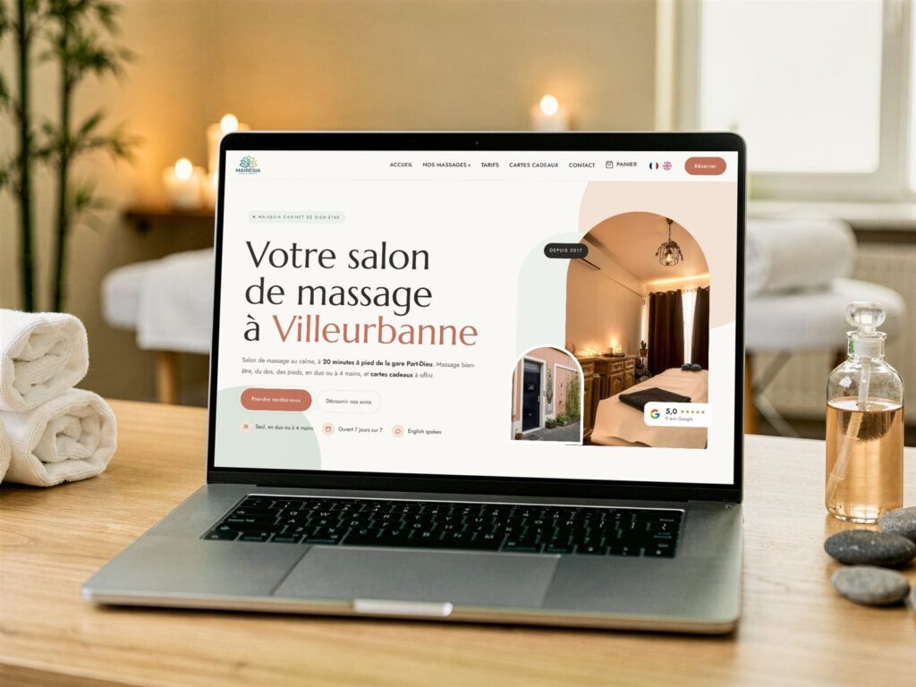 Site internet de Mairesia, salon de massage à Villeurbanne, créé par Mathieu Pagnier et ouvert sur un ordinateur portable